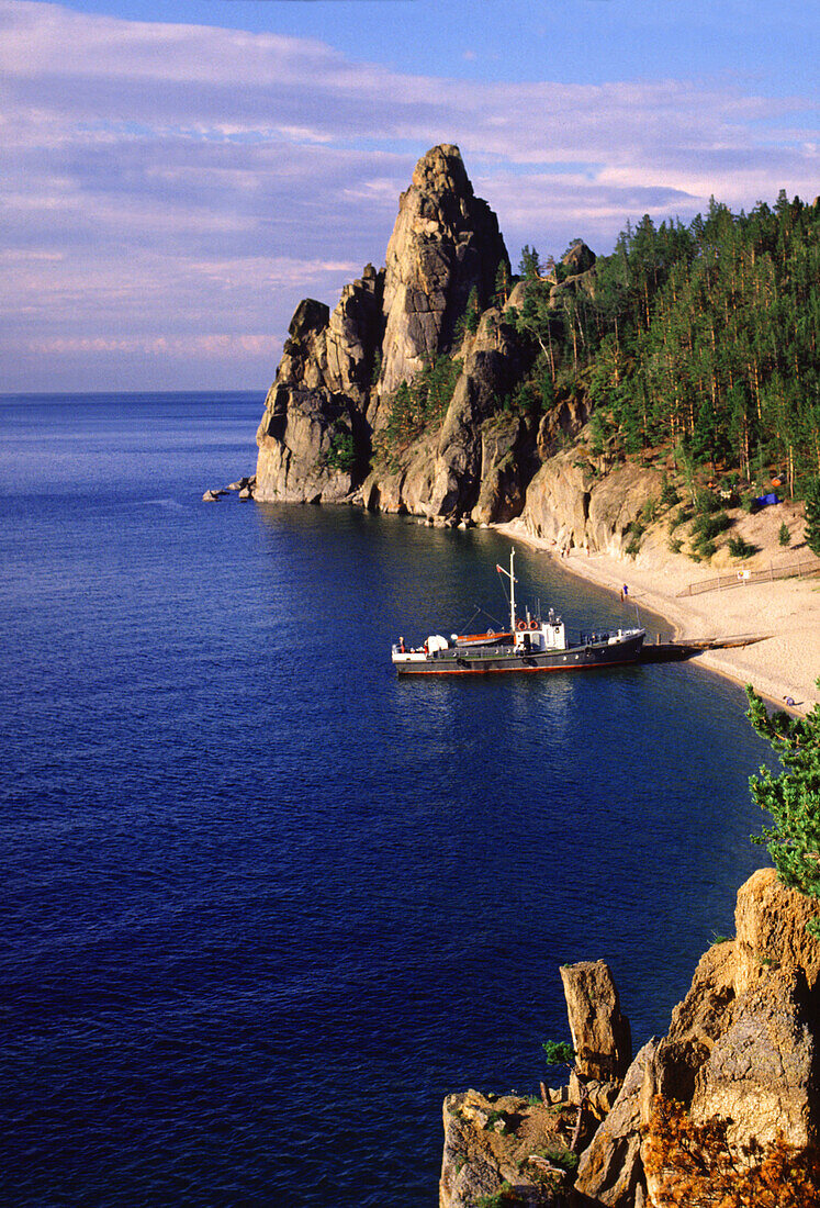 Boat on Lake Baikal, Peschanaya Bay, Lake Baikal Siberia, Russia