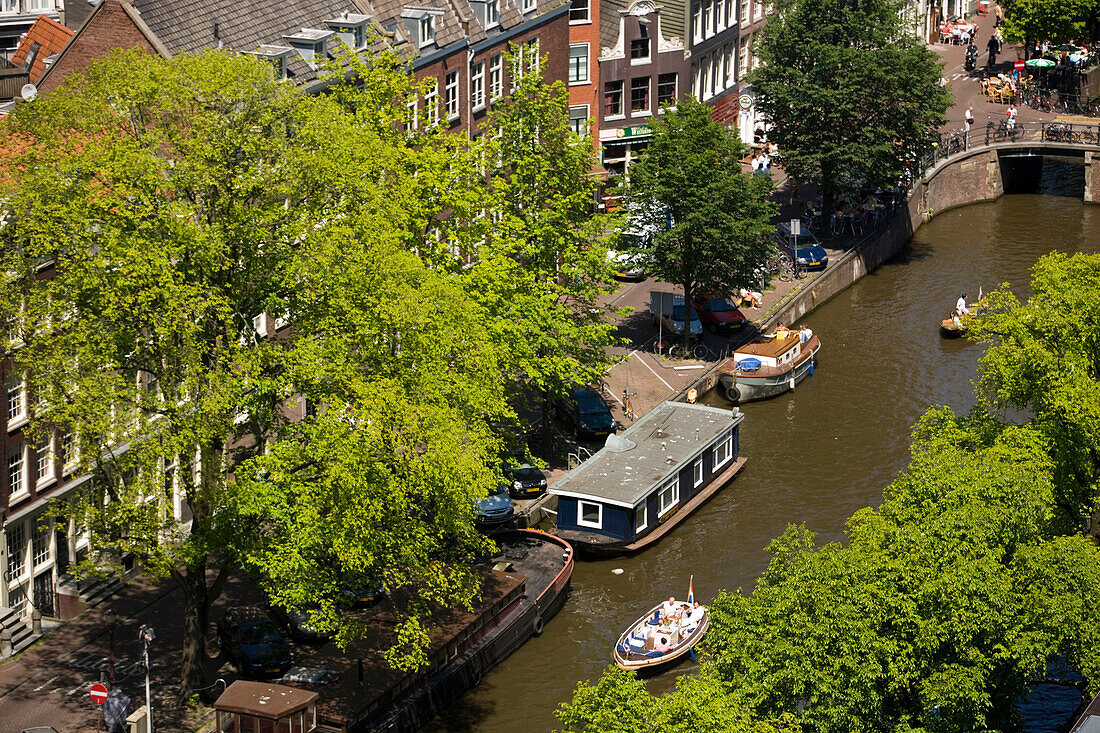 Houses, Canal, Boats, Jordaan, Prinsengracht, View over Jordaan and Prinsengracht with boats from Westerkerk church tower, Amsterdam, Holland, Netherlands