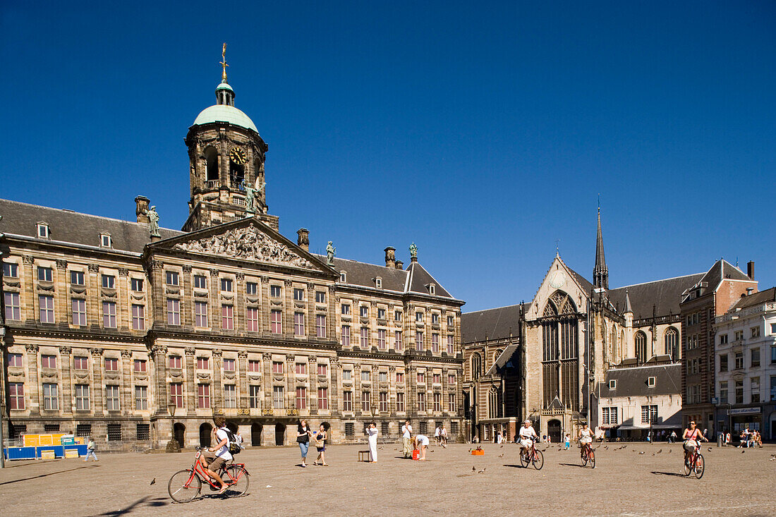 Royal Palace, Nieuwe Kerk, Dam Square, View over Dam Square to Koninklijk Paleis Royal Palace, and Nieuwe Kerk, Amsterdam, Holland, Netherlands