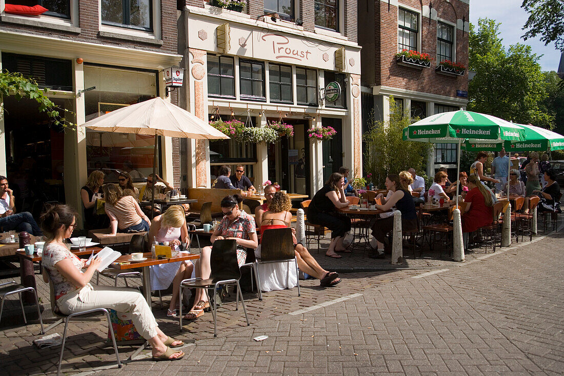 Guests, Cafe Finch, Jordaan, People sitting in open air cafe in front of Cafe Finch, Jordaan, Amsterdam, Holland, Netherlands