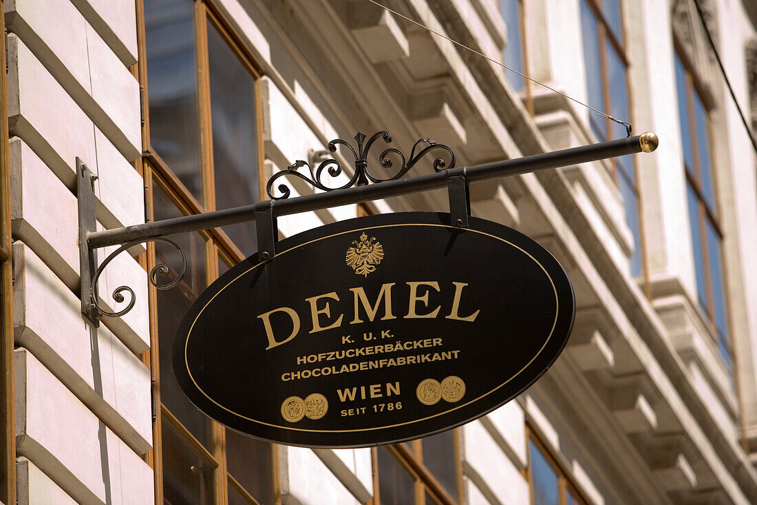 Signboard of Cafe Demel K. und K. Hofzuckerbaeckerei Ch. Demel 's Soehne, , Kohlmarkt, Vienna, Austria