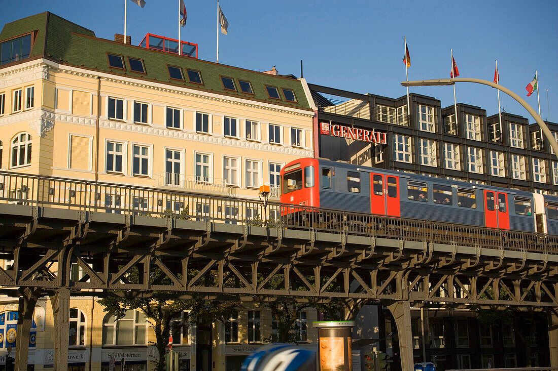 The skytrain driving on a viaduct at Baumwall, Hamburg, Germany