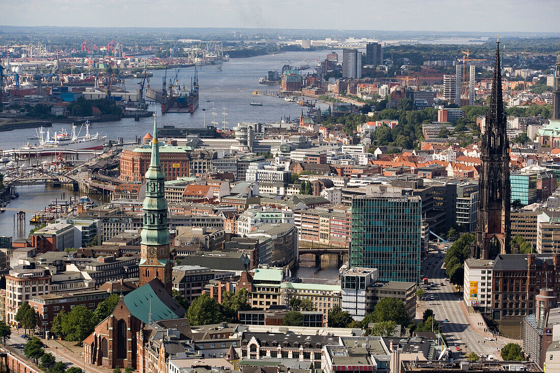 Aerial view with Elbe river and harbour, Hamburg, Germany