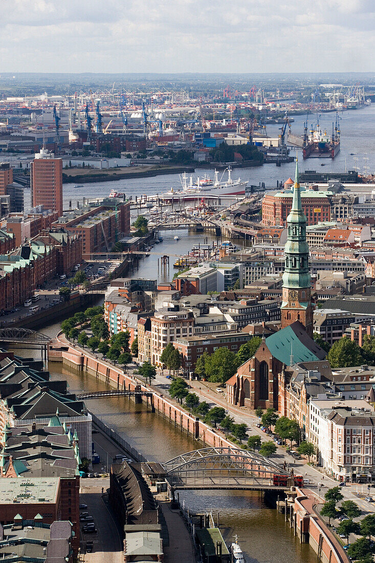 Aerial view of dutch Brookfleet at Speicherstadt, Hamburg, Germany