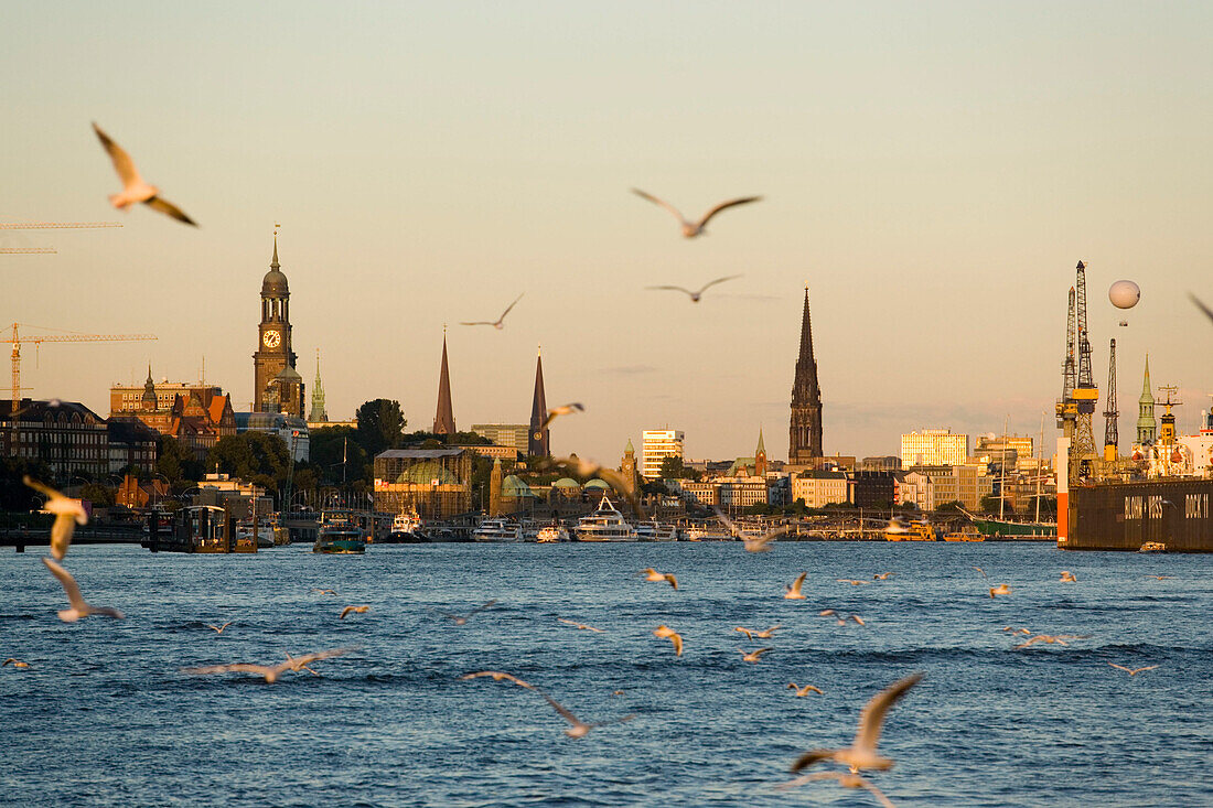 Harbour and St. Michaelis Church in background, Hamburg, Germany