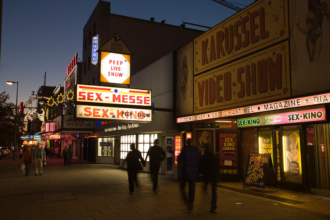 Reeperbahn at night, Illuminated advertising of a sex cinema at Reeperbahn, Sankt Pauli, Hamburg, Germany