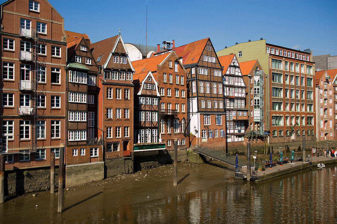 Picturesque brick-lined houses at Deichstrasse, Hamburg, Germany