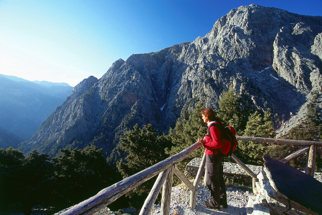 Woman at lookout point above Samaria Gorge, Crete, Greece