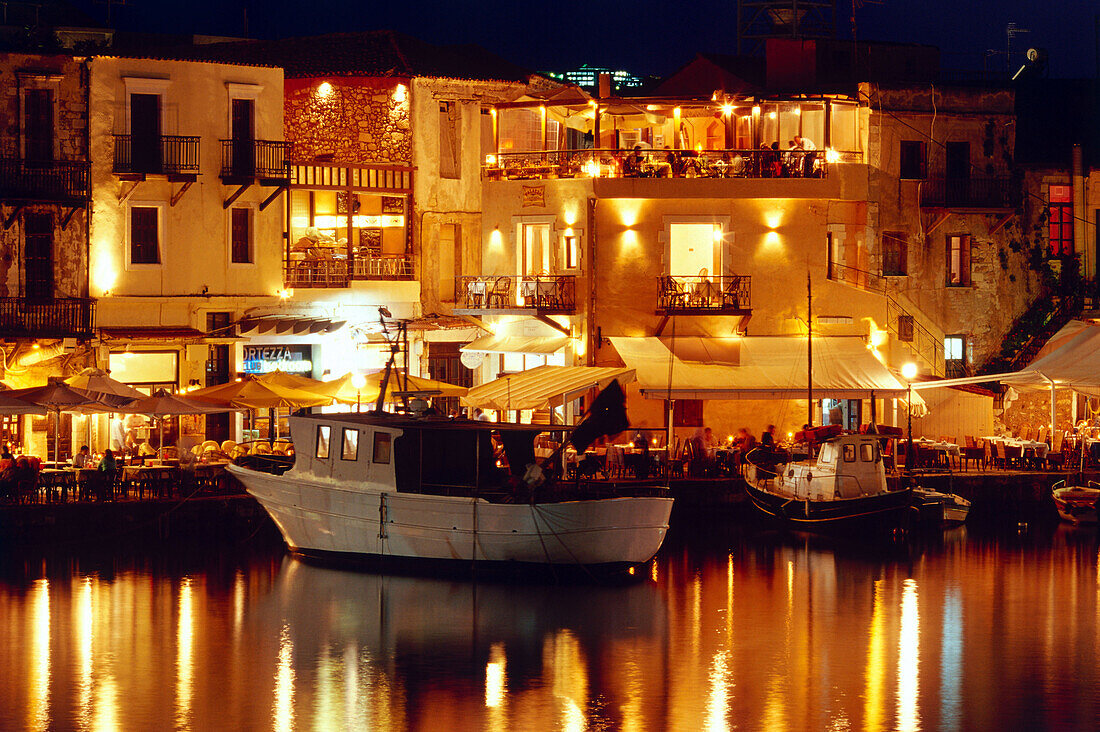 Taverns at night, Venetian Harbour, Réthimnon, Crete, Greece