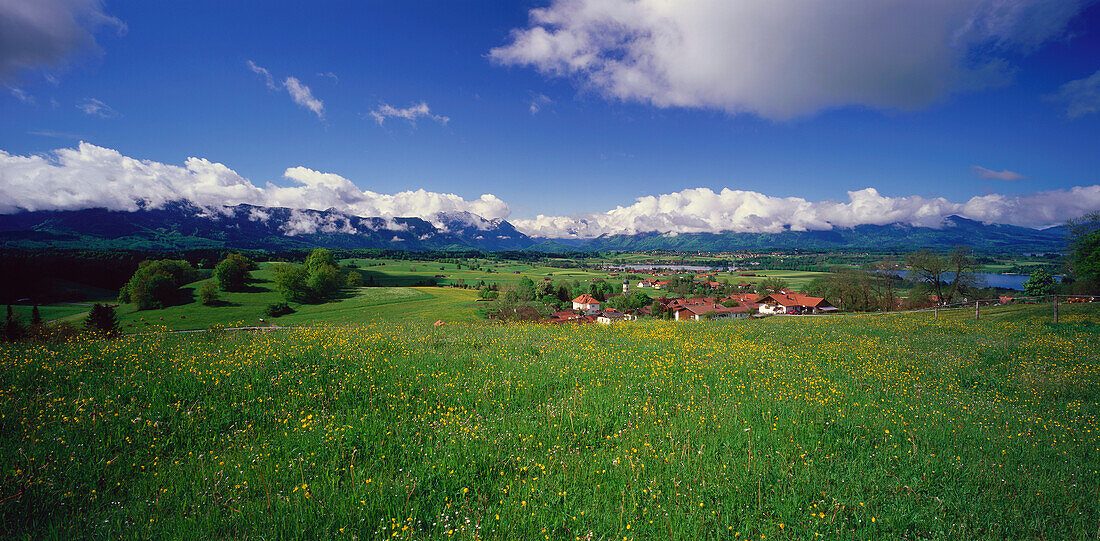 Aidlinger Höhe, Blick auf bayerische Voralpen, Murnau, Oberbayern, Deutschland