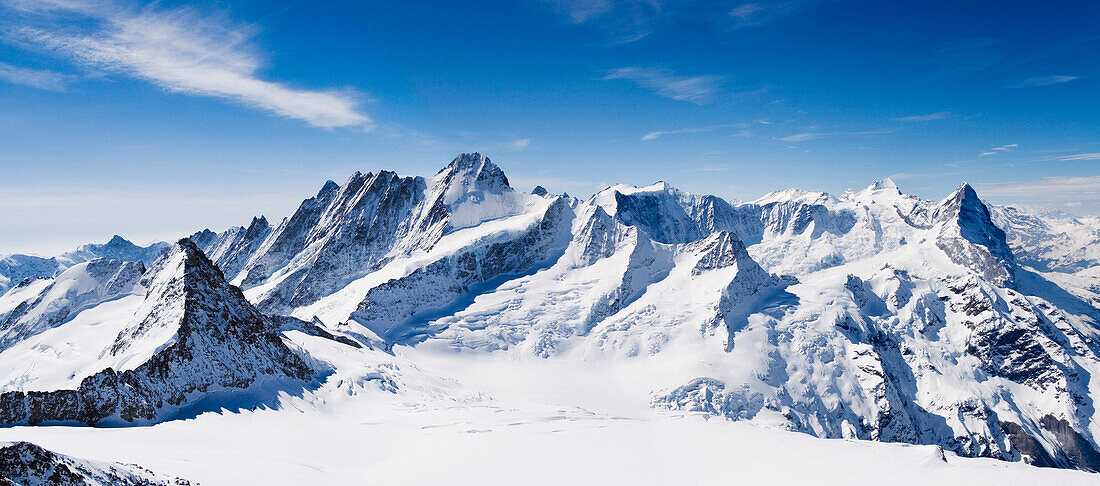 Panorama der Berner Alpen, Aussicht vom Rosenhorn aus, von links nach rechts: Baerglistock, Lauteraarhorn, Schreckhorn, Fiescherhoerner, Moench, Eiger. Berner Alpen, Bern, Schweiz