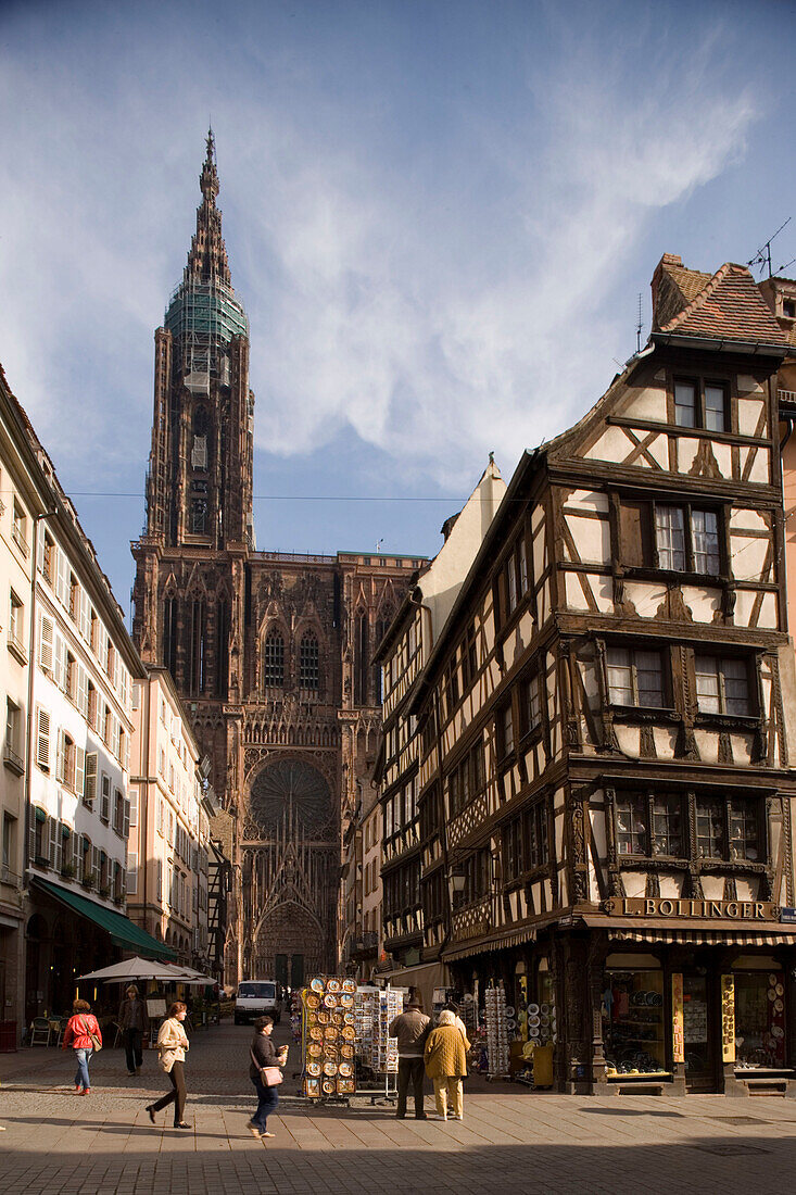 View over the Rue Merciere to the western facade of the Our Lady's Cathedral, View over the Rue Merciere to the western facade of the Our Lady's Cathedral Cathedrale Notre-Dame, , Strasbourg, Alsace, France