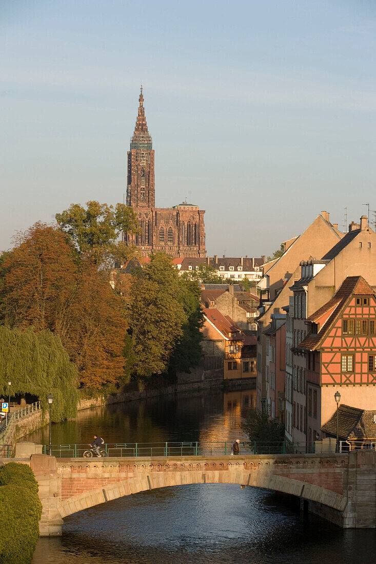View over Les Ponts to Our Lady's Cathedral , View over Les Ponts Couverts covered bridges, at the Ill to Our Lady's Cathedral Cathedrale Notre-Dame, , Strasbourg, Alsace, France