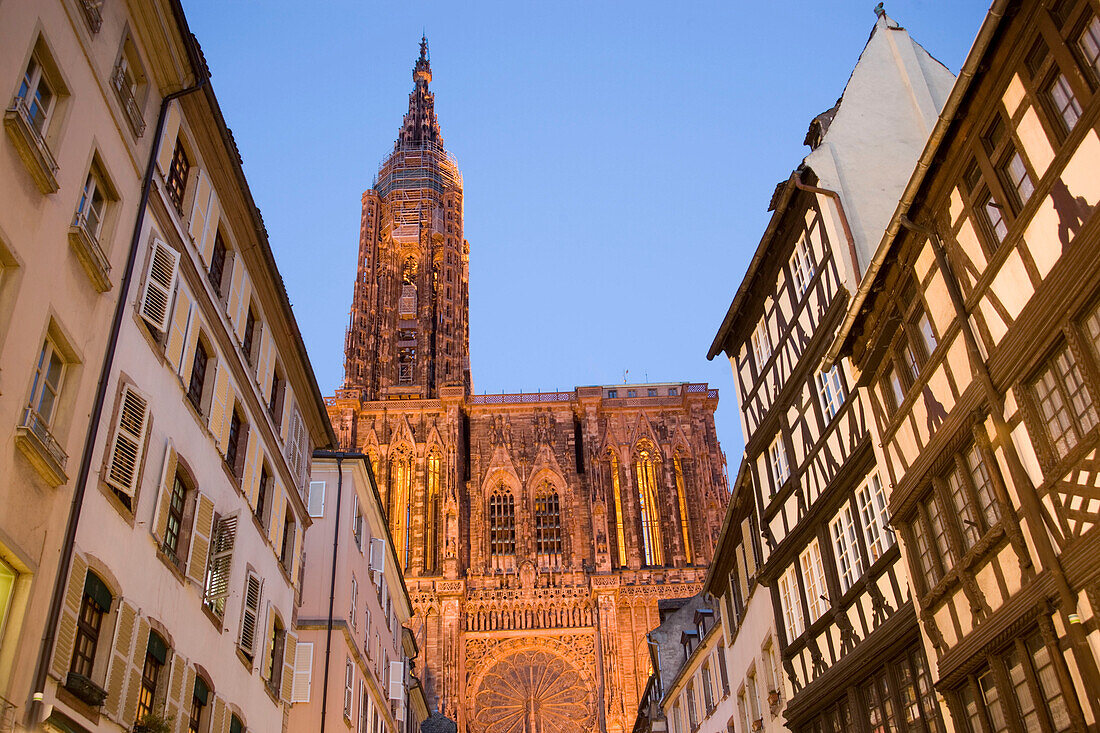 View through the Rue Merciere to the Our Lady's Cathedral, View through the Rue Merciere to the western facade and north tower of the Our Lady's Cathedral Cathedrale Notre-Dame, , Rue Merciere, Strasbourg, Alsace, France