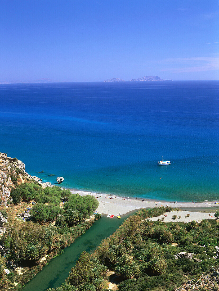 Palmen, Megalopotamos-Mündung, Preveli-Strand, Kreta, Griechenland