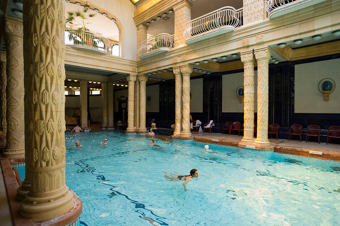 Inside the Gellert Baths, People swimming in the Gellert Baths, Buda, Budapest, Hungary