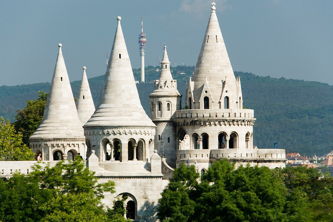 Fishermen's Bastion at Castle Hill, View to the Fishermen's Bastion, symbolising the seven Magyar tribes, at Castle Hill, Buda, Budapest, Hungary