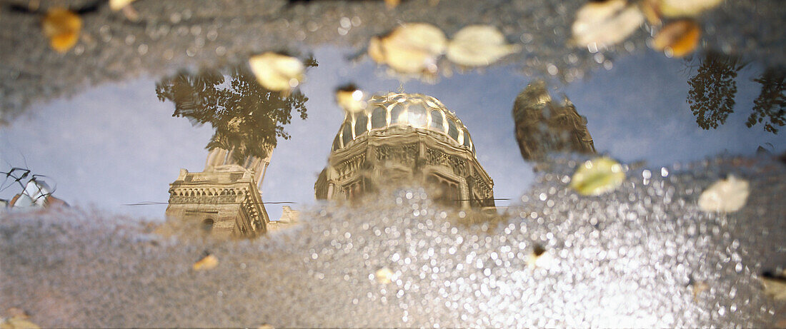 Reflection of the Neue Synagoge in an puddle, Oranienburger Street, Berlin, Germany