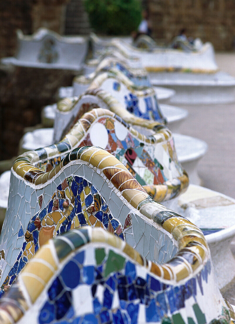 Bench with serpentines, Park Guell, Antoni Gaudi, Barcelona, Spain