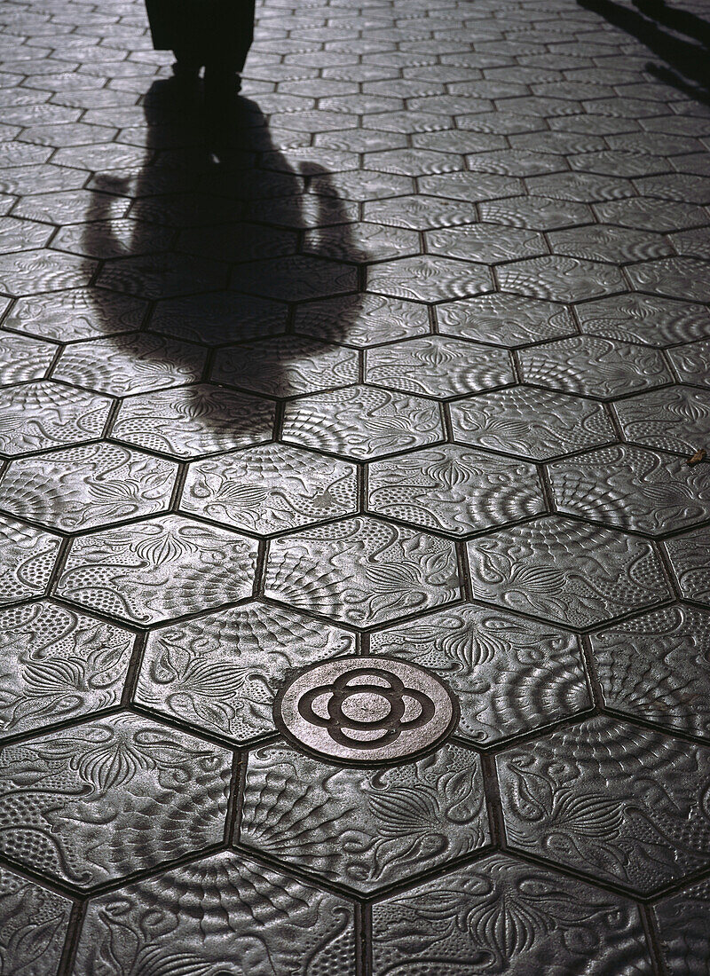 Schatten auf Bürgersteig am Passeig de Gracia von Antoni Gaudi, Barcelona, Spanien