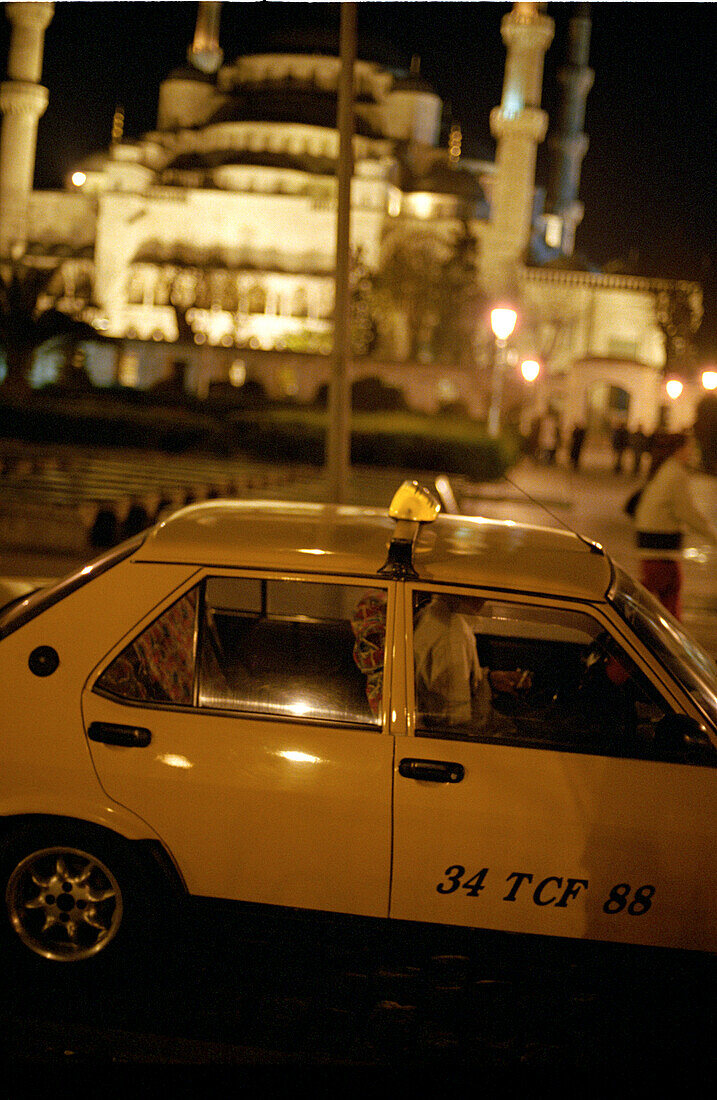 Taxi in front of hagia sophia, istanbul, turkey