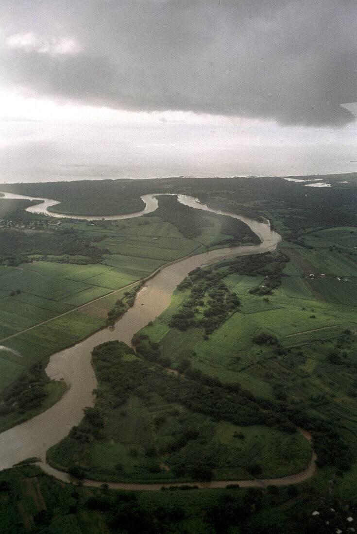 Aerial view of a landscape with river near the coastline, Fiji, South Pacific