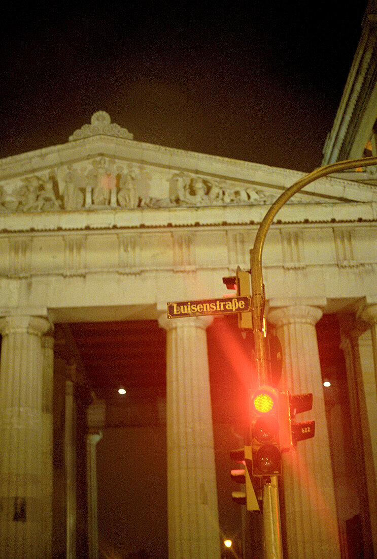 Red light on the square Koenigsplatz at night, Munich, Bavaria, Germany