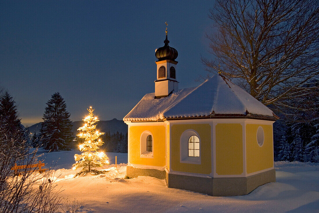 Kapelle mit Christbaum in der Dämmerung, Oberbayern, Deutschland