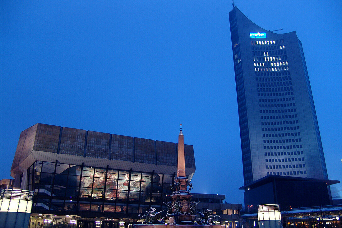 New Gewandhaus and City Tower late evening, Leipzig, Saxony, Germany