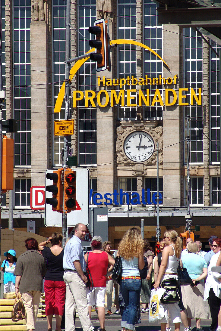 People in front of Leipzig central station, Leipzig, Saxony, Germany, Europe