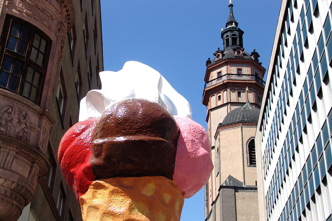 Buildings and ice cream advertising in the sunlight, Leipzig, Saxony, Germany, Europe
