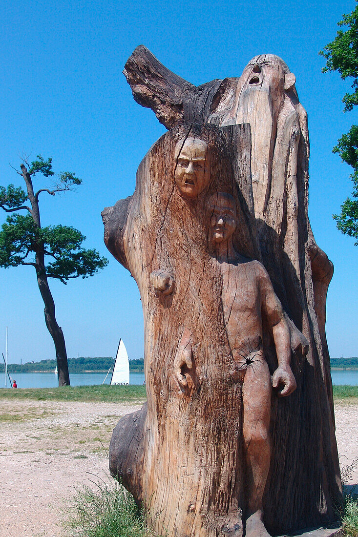 Wooden sculpture at Lake Cospuden, Leipzig, Saxony, Germany