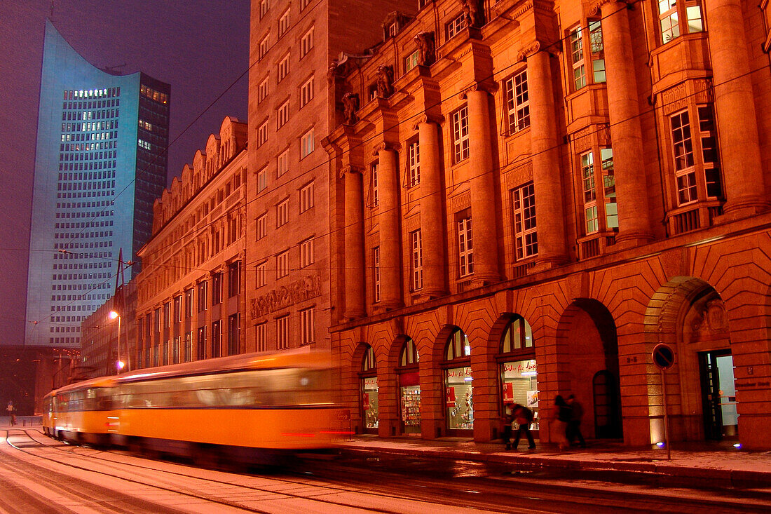 Tramway on Augustus Square at night, Leipzig, Saxony, Germany