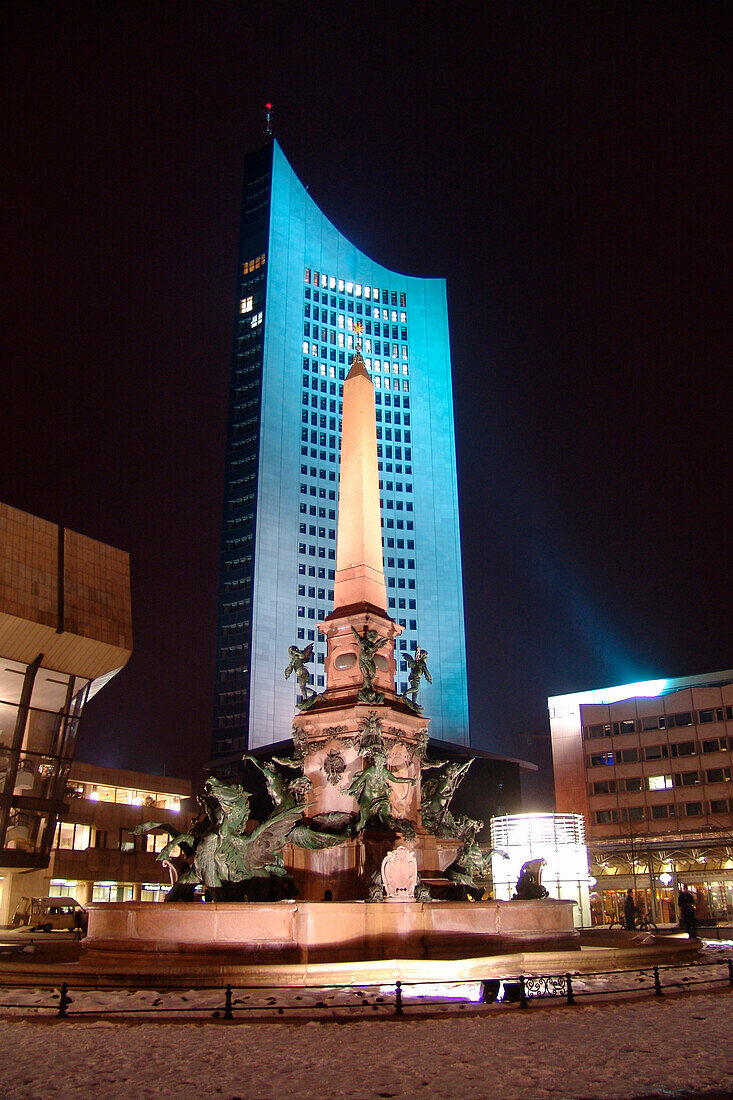 Augustus Square and highrise at night, Leipzig, Saxony, Germany