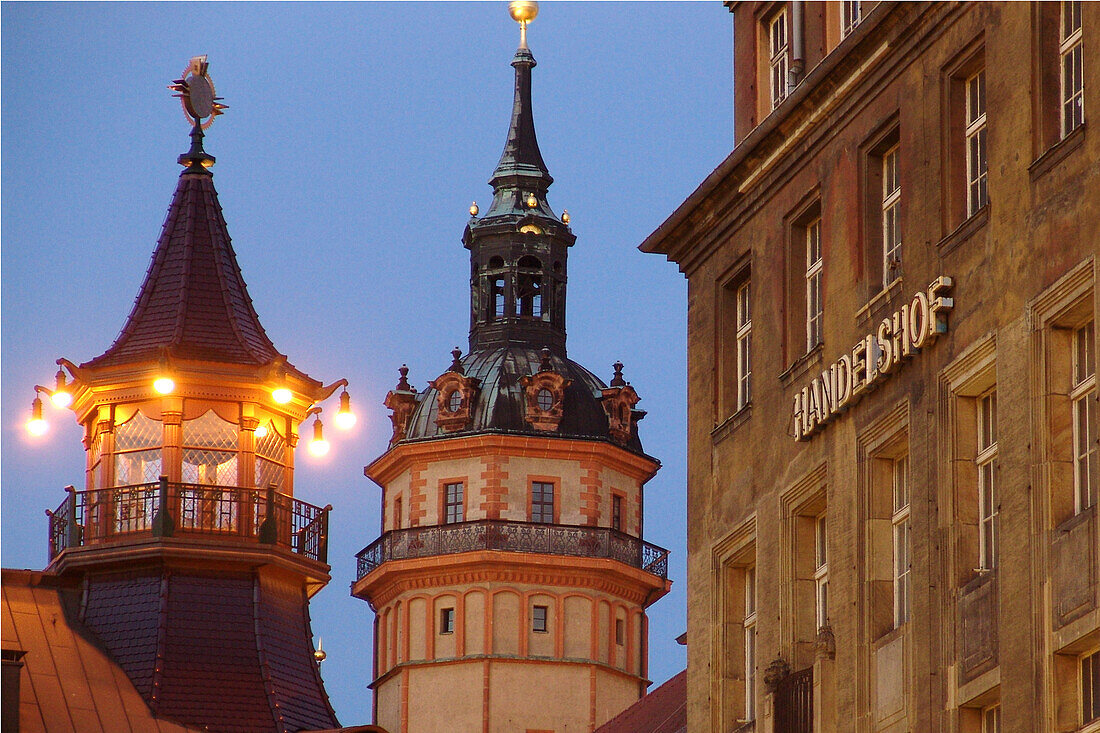 Towers in the old town in the evening, Leipzig, Saxony, Germany, Europe