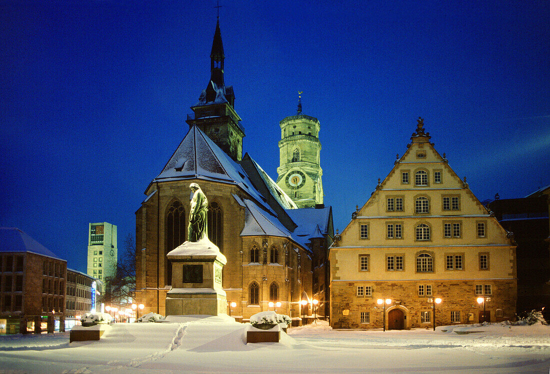 City hall, Schiller statue, and Stiftungskirche, Stuttgart, Germany