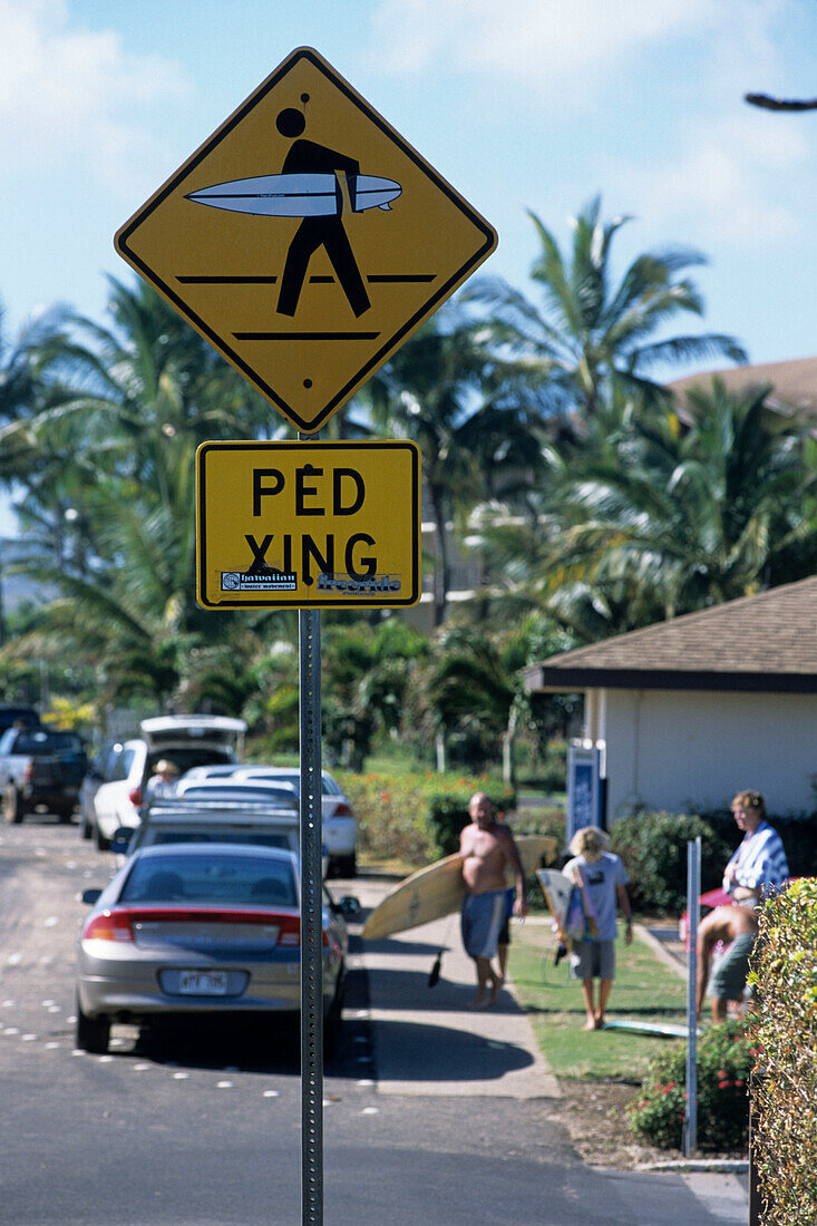 Surfer Crossing Warning Sign, Poipu, Kauai, Hawaii, USA