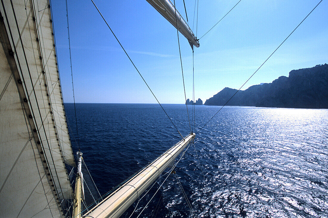 Sailing Towards Capri in Mediterranean Sea, Royal Clipper in front of Capri, Campania, Italy