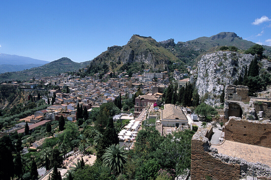 Blick vom Griechischen Theater, Taormina, Sizilien, Italien