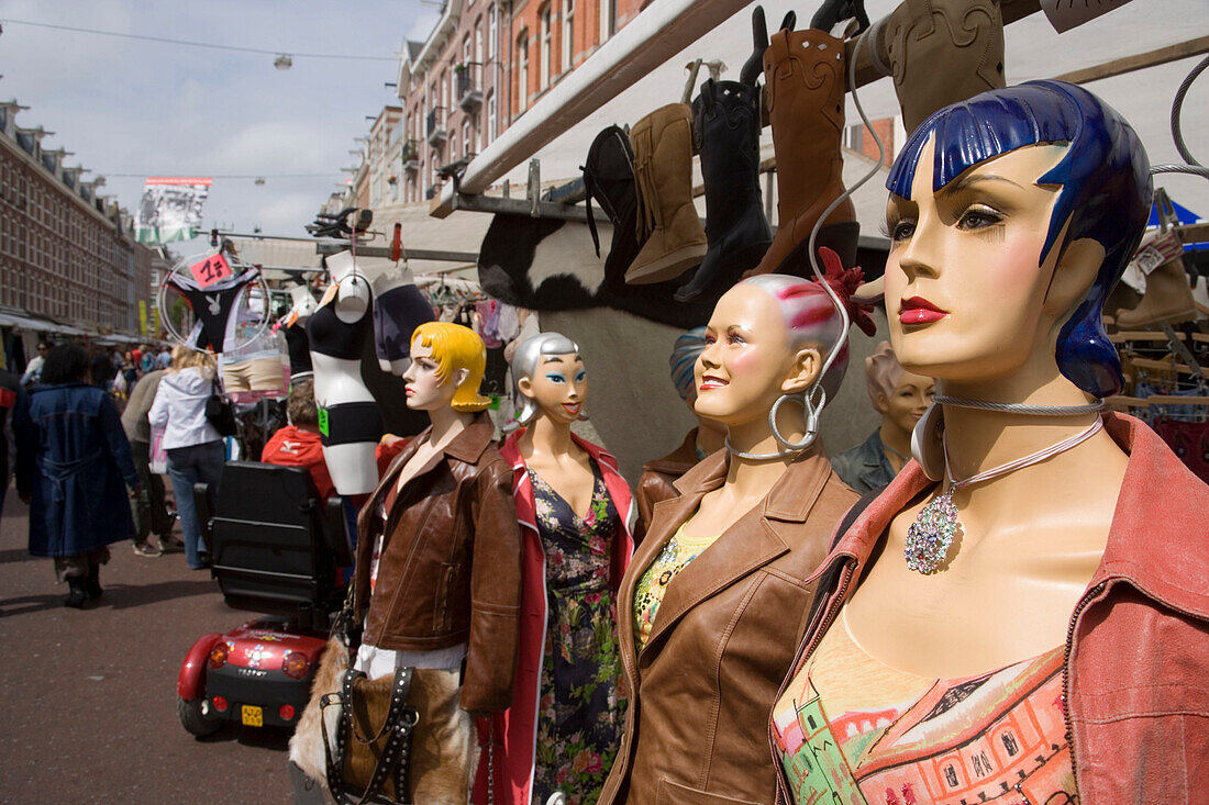 Mannequins, Albert Cuypstraat Market, Trendy mannequins showing leather jackets at Albert Cuypstraat Market, Amsterdam, Holland, Netherlands