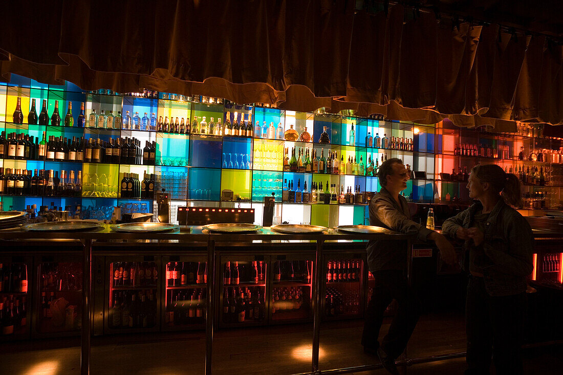 Bar, Nomads, Restaurant and Club, Colourful illuminated bar at Nomads arabic style restaurant and club, , Amsterdam, Holland, Netherlands