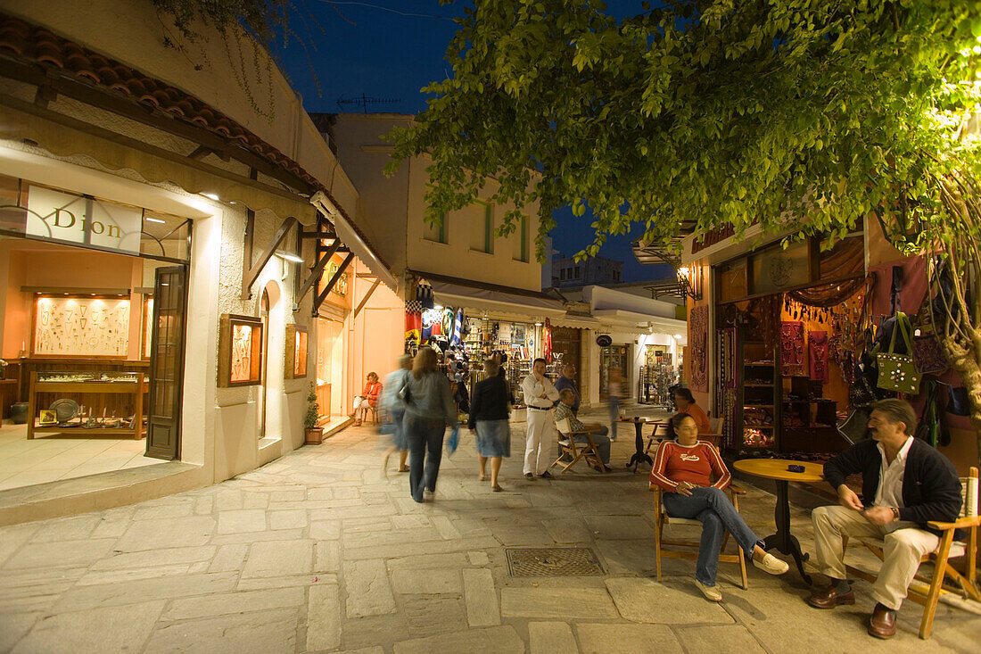 People strolling over shopping street Odos Ifestou with souvenir shops in the evening, old town, Kos-Town, Kos, Greece