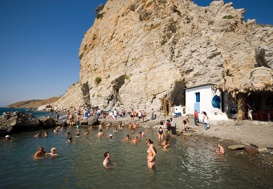 People bathing in the Embros Therme, a naturally 40 degree hot spring added with sulfit, knowing as health care, near Kos-Town, Kos, Greece