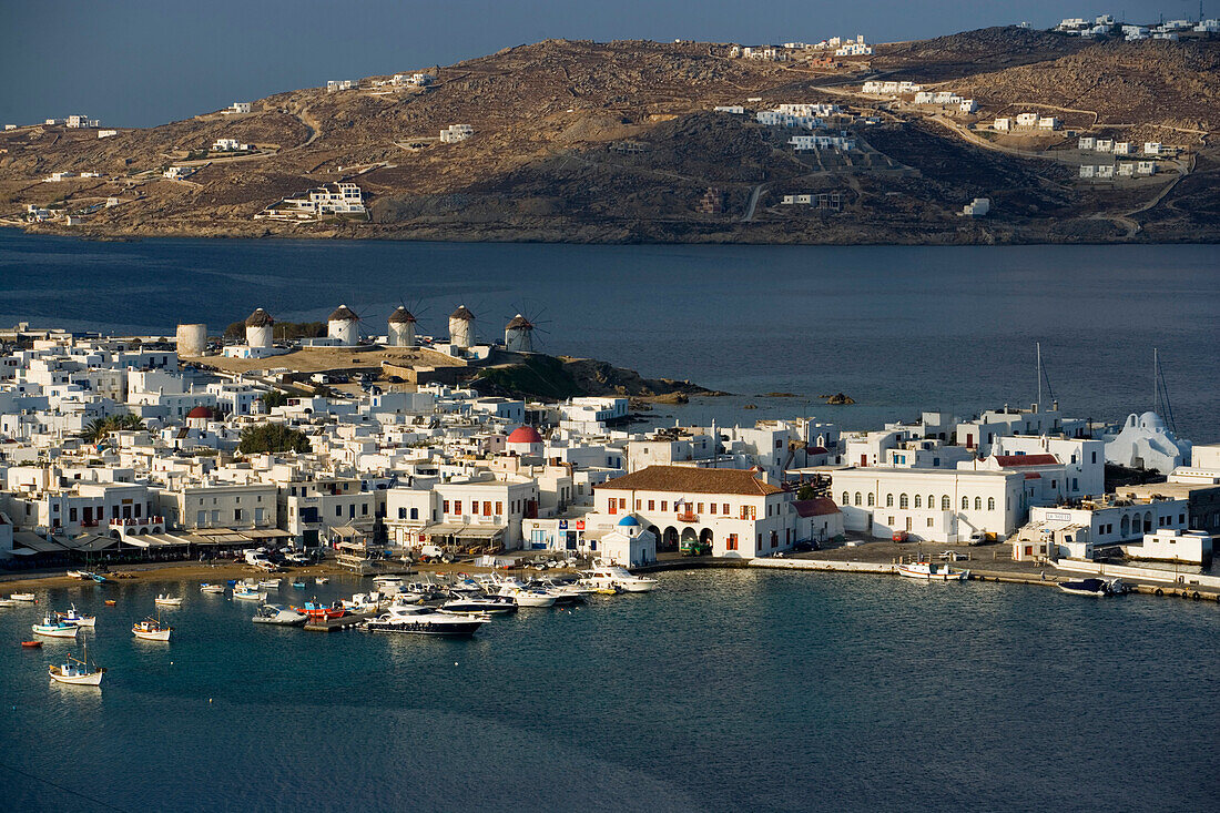 Aerial view of the harbor with windmills and ships, Mykonos-Town, Mykonos, Greece