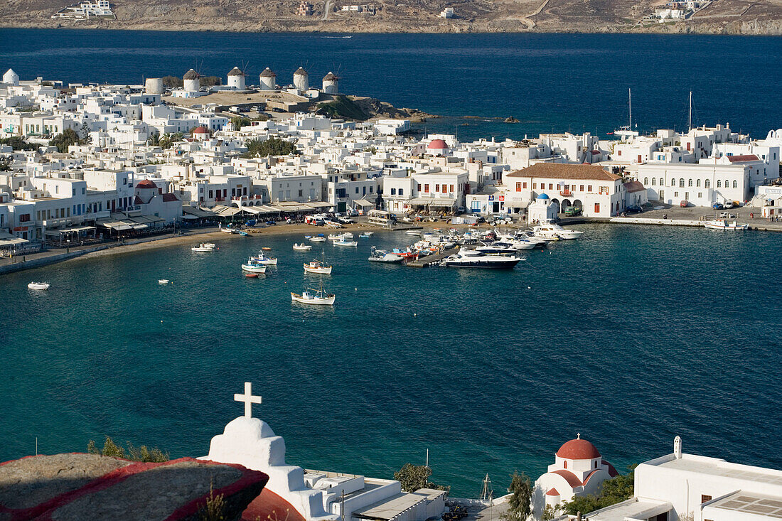 Aerial view of the harbour and the town, Mykonos-Town, Mykonos, Greece
