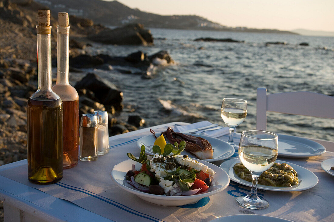 Different greek starters, including salat,  served in the Sea Satin Market Restaurant, Mykonos-Town, Mykonos, Greece