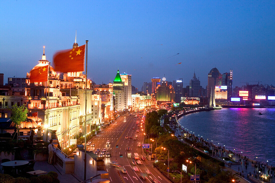 Huangpu River at night,View from roof terrace, Three on the Bund, national flag