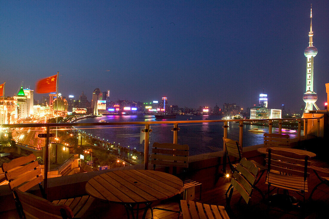Bund, Huangpu River at night,View from roof terrace, Three on the Bund, national flag