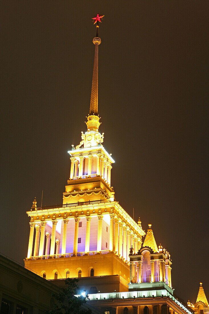 Shanghai Exhibition Center lit at night, Shanghai