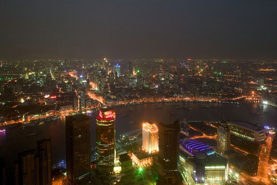 View from Jinmao Tower, Center of Pudong, Huangpu River, Fluß, Pearl Orient Tower, TV Tower, Bund, city centre, Aussicht, observation platform, Aussichtspunkt, Jinmao